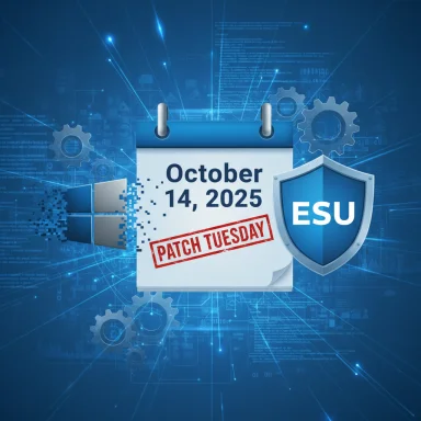 A blue tech-themed calendar shows October 14, 2025 with a red Patch Tuesday stamp and an ESU shield.