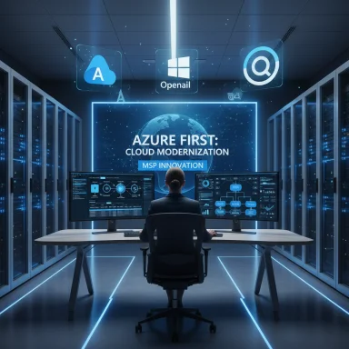 A technician in a high-tech data center monitors Azure-first cloud modernization and MSP innovation.
