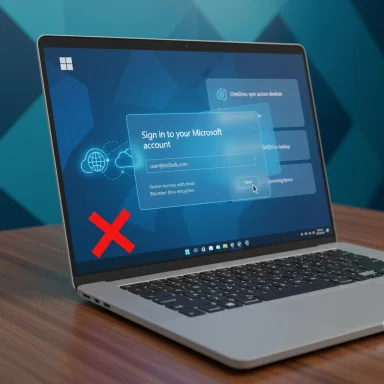 Laptop on a wooden desk shows a Microsoft sign-in dialog with a large red X.