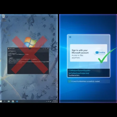 Split-screen: left shows a blocked Windows terminal, right shows a successful Microsoft sign-in. Split-screen: left shows a blocked Windows terminal, right shows a successful Microsoft sign-in.