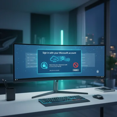 A curved monitor on a modern desk displays a Microsoft sign-in screen in a neon-lit office.