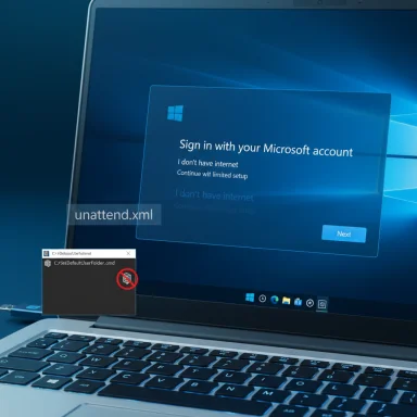 Laptop displays Windows sign-in with Microsoft account; a small CMD window shows unattend.xml. Laptop displays Windows sign-in with Microsoft account; a small CMD window shows unattend.xml.