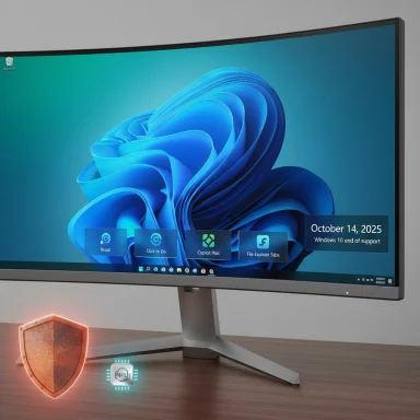 A curved desktop monitor on a desk shows Windows with a date tile and glowing shield and NPU icons nearby.