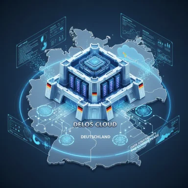 A futuristic DELOS CLOUD data center sits on a map of Germany, surrounded by holographic data panels.