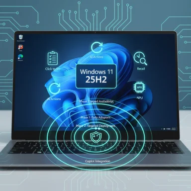 A laptop screen shows Windows 11 25H2 with holographic AI actions and Copilot integration.