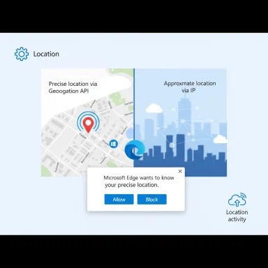 Microsoft Edge asks to share precise location, showing map vs IP-based location and a dialog.
