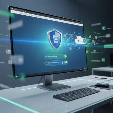 Modern desk setup with a monitor showing cybersecurity software and a shield logo.