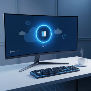A Windows sign-in screen glows on a curved monitor beside a keyboard and steaming cup.
