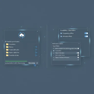 Futuristic cloud-sync UI with a left progress window and a right panel of visual-effects settings. Futuristic cloud-sync UI with a left progress window and a right panel of visual-effects settings.