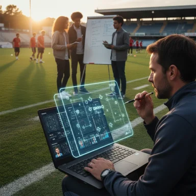 Football analyst uses holographic dashboards on a laptop while teammates plan nearby.