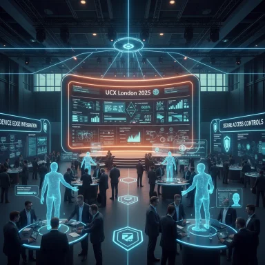 Futuristic conference hall with holographic figures and a giant UCX London 2025 data dashboard.