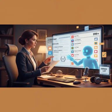 A businesswoman demonstrates an AI assistant on a large monitor in a high-tech office.