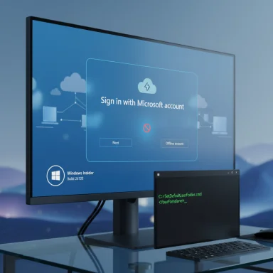 Large monitor shows a Windows sign-in screen; a laptop beside it displays a green terminal prompt.