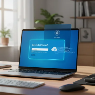 A laptop on a wooden desk displays a blue Microsoft sign-in screen.