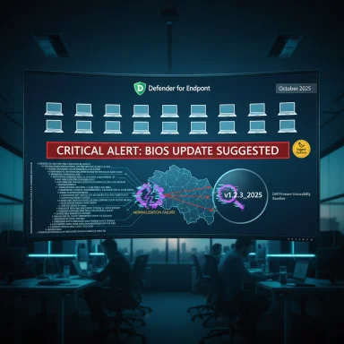 A curved monitor displays a Defender for Endpoint alert: BIOS update suggested. A curved monitor displays a Defender for Endpoint alert: BIOS update suggested.