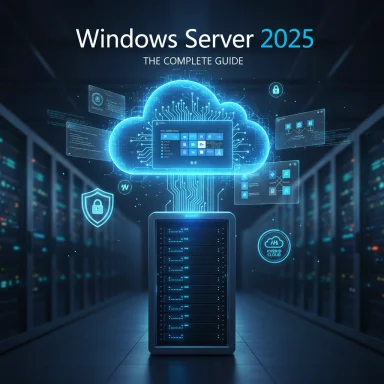 Futuristic Windows Server 2025 guide cover featuring a glowing cloud and data center servers.
