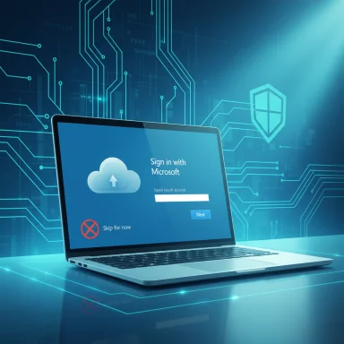 Laptop displays a Microsoft sign-in screen amid a futuristic circuit backdrop.