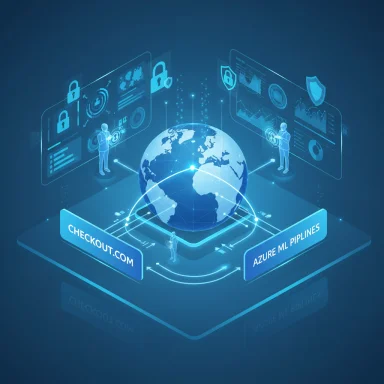 Futuristic blue hub linking a globe to holographic dashboards, with Checkout.com and Azure ML Pipelines.