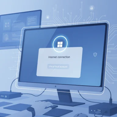 Blue-toned computer setup with a Windows login screen showing an 'Internet connection' prompt.