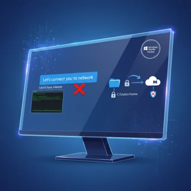 A futuristic monitor shows a Windows network connection error with a red X.