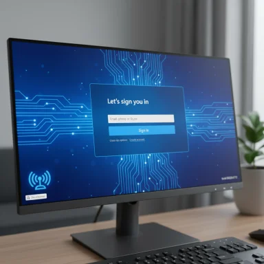 Desktop monitor displays a blue circuit-themed sign-in screen with email/Skype field.
