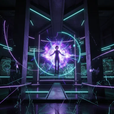 A person levitates inside a glowing circular portal in a neon-lit sci-fi lab.