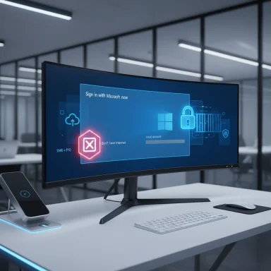Curved monitor displays Windows sign-in on a modern office desk with a wireless phone charger.
