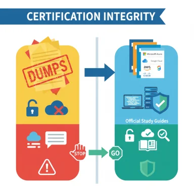 Illustration contrasts exam dumps with official study guides, promoting certification integrity.