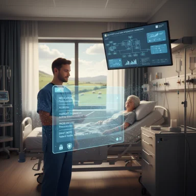 A nurse uses a holographic medical display beside a patient in a hospital room. A nurse uses a holographic medical display beside a patient in a hospital room.