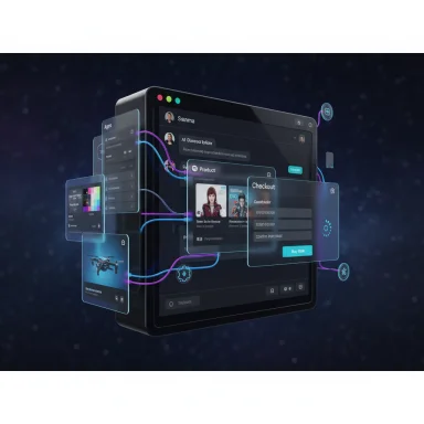 Futuristic holographic UI panels float around a sleek tablet.