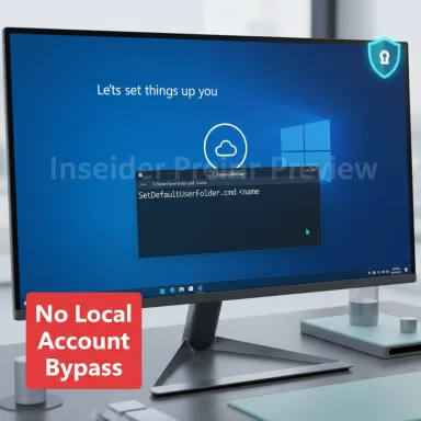 Windows setup screen displayed on a monitor, featuring a red “No Local Account Bypass” badge.