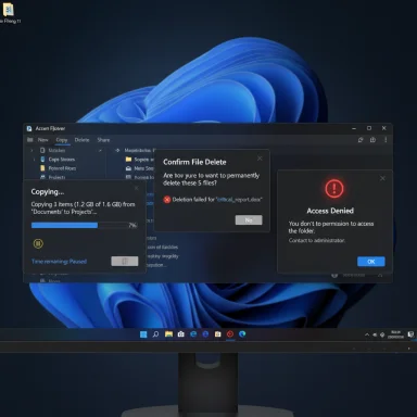 Windows 11 desktop with several overlapping dialogs—copy progress, delete confirmation, and access denied.