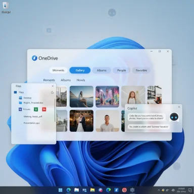 Windows 11 desktop with OneDrive gallery, a Files pane, and Copilot chat overlay.