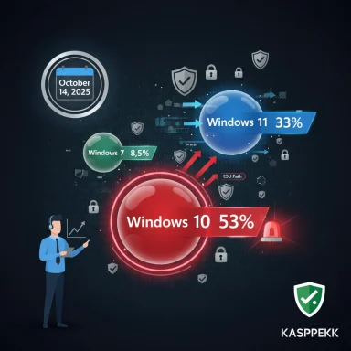 Windows OS market share infographic: Win10 53%, Win11 33%, Win7 8.5% (as of Oct 14, 2025).