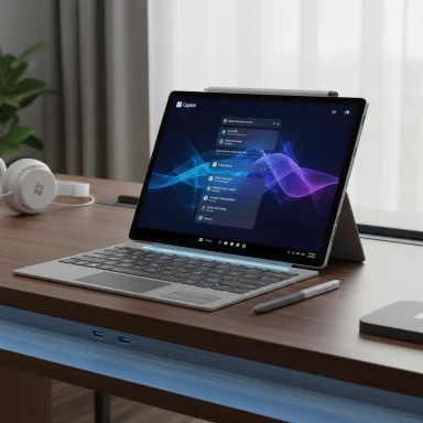 A sleek tablet-laptop hybrid with keyboard and stylus on a wooden desk.