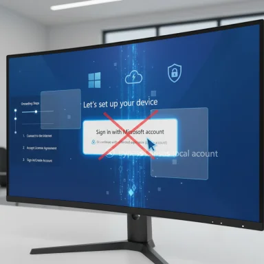 A curved monitor shows a Windows device setup screen with 'Sign in with Microsoft account' crossed out.