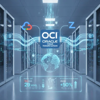 Futuristic data center featuring Oracle Cloud Infrastructure (OCI) with a glowing globe and holographic analytics.