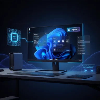 Futuristic workspace with holographic UI and Copilot+ on a curved monitor.