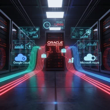 Futuristic data center with neon cables and holographic dashboards for Oracle, Google Cloud, and Azure.