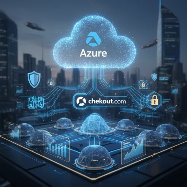 A futuristic cloud network featuring Azure and checkout.com logos with holographic data streams.