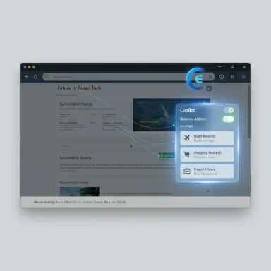 A browser window features a glowing Copilot panel with tasks like Flight Booking and Shopping Research. A browser window features a glowing Copilot panel with tasks like Flight Booking and Shopping Research.