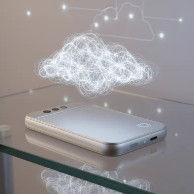 A silver smartphone emits a luminous, tangled cloud of data above it.