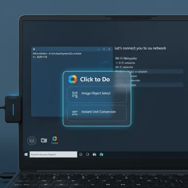Laptop screen displays a glowing “Click to Do” pop-up with two options.