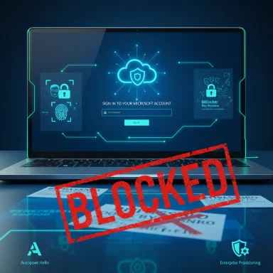 A laptop screen shows a cloud security login UI with a large red BLOCKED stamp across.