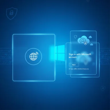 A futuristic blue digital interface with a 'Sign in with Microsoft account' prompt.