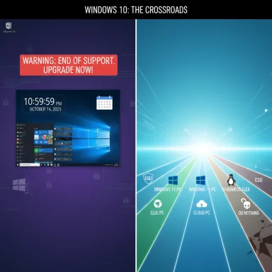 Windows 10 at the crossroads: left shows end of support warning; right points to Windows 11 and alternatives. Windows 10 at the crossroads: left shows end of support warning; right points to Windows 11 and alternatives.