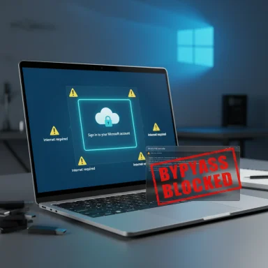 Laptop displays a Microsoft sign-in prompt with a bold red 'Bypass Blocked' stamp.