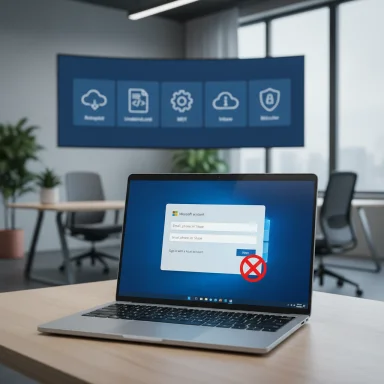 Laptop on a desk shows a Microsoft login; a blue conference-room screen looms in the background.