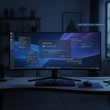 A curved monitor on a desk displays Windows copy dialogs with a progress bar.