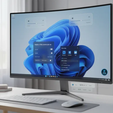 A curved computer monitor on a tidy desk displays floating UI widgets over a blue abstract wallpaper.